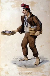 Små metiers av Neapel: säljaren av fisk (fiskhandlare). Litografi av F. Dura