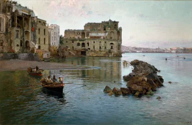 Havskusten i Neapel. Målning av Gaetano Esposito (1858-1911)