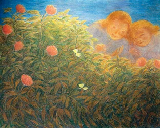 Blommor och fjärilar, av Gaetano Previati (1852-1920), olja på duk
