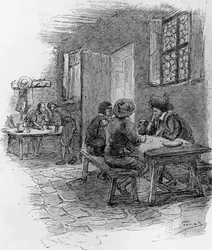 Renzo, Tonio och Gervase på värdshuset, kapitel VII, illustration av Gaetano Previati (1852-1920) för trofasthet, historisk roman av Alessandro Manzoni (1785-1873)