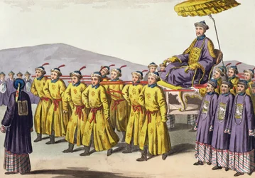 Kejsar Chien Lung bar i Triumph, skylt 18 från Le Costume Ancien et Moderne av Jules Ferrario, publicerad ca 1820-30-talet