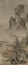 Landskap: berg, bäck och hus, Muromachi-perioden, tidigt 1500-tal.