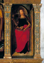 Polyptyk med Födelsekyrkan med sidopaneler med de heliga Peter, Paulus, Clement och Magdelene (detalj av Maria Magdelena)