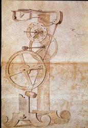 Klocka med en vägningspendel, studerad av den italienske astronomen och fysikern Galileo Galilei, kallad Galilei (1564-1642), år 1638 för att mäta tiden. Teckning. Florens, Nationalbiblioteket