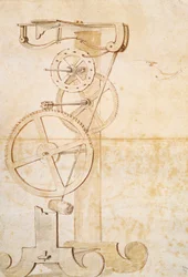 Teckning av Galileos pendelklocka, manuskript av Galileo Galilei (1564-1642), 85 gal, f 50 r.
