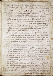 Sida av "" Sidereus Nuncius"" där Galileo namnger de fyra stjärnorna som Medicea Sidera eller Pianeti Medicei (Medicanska planeter): manuskript av den italienske astronomen och fysikern Galileo Galilei dit Galilee (1564-1642) skrivet för Cosimo de Medicis 