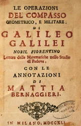 Titelsida till Operationer med den geometriska och militära passaren av Galileo Galilei (1564-1642), med anteckningar av Mattia Bernaggieri, utgiven i Milano