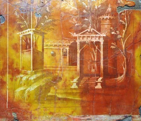 Romersk konst: arkitektoniskt landskap med tempel och helig portal från Villa Papiri (fresco)