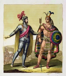 Mötet mellan Hernando Cortés (1485-1547) och Montezuma II (1466-1520), ur «Le Costume Ancien et Moderne», volym I, plansch 63, av Jules Ferrario, utgiven omkring 1820-30