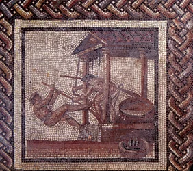 Galloromansk konst: mosaikgolv som föreställer en lantlig kalender. En oljepress. Slutet av 100-talet, början av 200-talet e.Kr. Från Saint-Romain-en-Gal (Rhône). Saint-Germain-en-Laye, Nationella arkeologiska museet