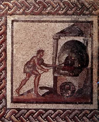 Gallo-romersk konst: mosaikgolv som föreställer en lantlig kalender. Scen med brödbakning. Slutet av 100-talet, början av 200-talet e.Kr. Från Saint-Romain-en-Gal (Rhône). Saint-Germain-en-Laye, Nationella arkeologiska museet