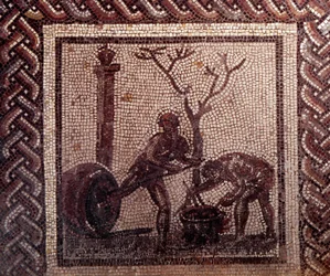 Gallo Roman Art: mosaikbeläggning som representerar en rustik kalender. Jar poistering scen. Slutet 2:a, början av 300-talet efter JC. Från Saint-Romain-en-Gal (Rhône). Saint Germain en Laye, Nationalmuseet för arkeologi