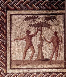 Galloromansk konst: mosaikgolv som föreställer en lantlig kalender. Skördearbetarnas fest. Slutet av 100-talet, början av 200-talet e.Kr. Från Saint-Romain-en-Gal (Rhône). Saint-Germain-en-Laye, Nationella arkeologiska museet