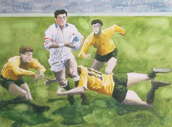 Rugbymatch: England mot Australien i världscupfinalen 1991, Will Carling tacklas (wc)