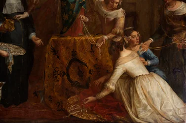 Sockenkyrka (Eglise Saint-Brice). Paintin "Ärkehertigen Isabel av Spanien som ger sina smycken till basilikan Saint-Martin av Halle". Gaspar de Crayer.