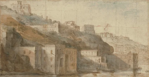 Utsikt över Mergellina vid Neapelbukten, med Capodimonte bortom (röd och blå krita, penna och brunt bläck, akvarell, kvadrerad i röd och svart krita)
