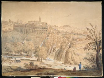 Utsikt över basilianska klostret i Grottaferrata, Rom (penna och bläck med akvarell på papper)