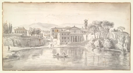 Kyrka och hus längs en flod