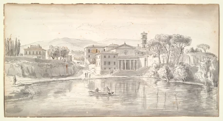 Kyrka och hus längs en flod