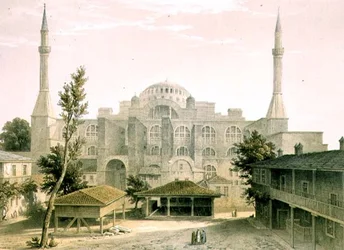 Haghia Sophia, skylt 16: huvudfasad, graverad av Louis Haghe (1806-85) publicerad 1852 (litho)