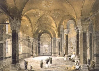 Hagia Sophia, skylt 5: norra ingången, graverad av Louis Haghe (1806-85) publicerad 1852 (litho)