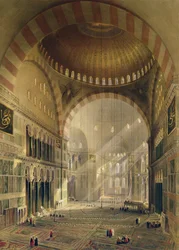 Hagia Sophia, skylt 24: insidan av den centrala kupolen med sänkta ljuskronor, graverad av Louis Haghe (1806-85) publicerad 1852