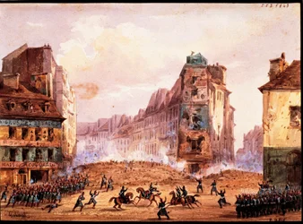 Scen från 1848 års revolution, Culture Sainte Catherine Street barrikaden i februari månad, av Gobaut, Frankrike