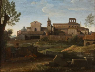 Ett italienskt landskap med utsikt över Saint Giovanni in Laterano, ca 1672-75 (olja på duk)