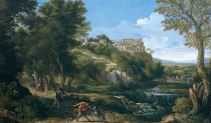 Landskap som visar dansande faun och nymf 1667 - 1668, av Gaspard Dughet (1615-1675)