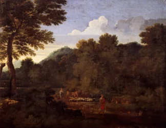 Landskap med fårflock, av Gaspard Dughet (1615-1675), olja på duk, 50x66 cm.