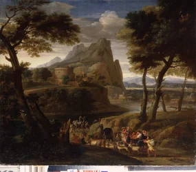 ""Landskap med en grupp av resenärer"" (Landskap med husvagn) Målning av Gaspard Dughet (1615-1675) 1600-talets statliga friluftsmuseum Palace Gatchina, Sankt Petersburg