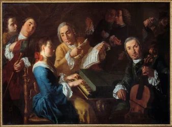 Konserten: en musiker vid cembalon och en cellist, målning av Gaspare Traversi (1722-1770), 1700-talet, 0,96 x 1,3 m, Rouen, Musée des Beaux-Arts.