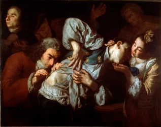 Såren En skadad man undersöks av en läkare och lugnar av en ung kvinna. Målning av Gaspare Traversi (ca 1722-1770). 1752 ca. Sol. 100x127 cm Galleria dell