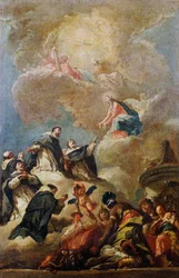 Dominikanska helgon i ära, ca 1750, av Gaspare Diziani (1689-1767), olja på duk, 64x42 cm, skiss till valvet i St Bartholomew-kyrkan i Bergamo