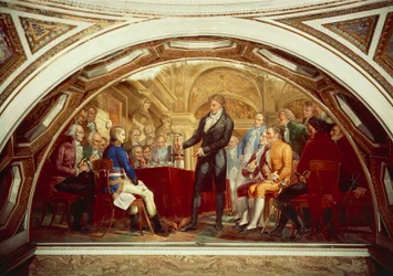 Alessandro Volta (1745-1827) visar upp sitt nyuppfunna batteri för Napoleon (1769-1821) på Institut de France i Paris, den 7 november