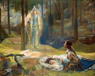 La revelation, Brunnhilde (Brunehilde, Brynhildr) decouvrant Siegmund et Sieglinde - Uppenbarelsen. Brunhilde ser Siegmund och Sieglinde av Bussiere, Gaston (1862-1928)