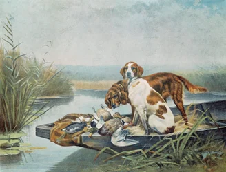 Jaktsouvenirer: "" hundar och vilt"" Akvarell av Jules och Gaston Gelibert (1800-talet) Paris, dekorativ konst