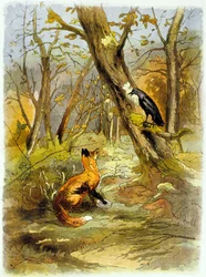La Fontaines fabel: Kråkan och räven, illustration, ca 1900