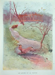 Haren och sköldpaddan, illustration från fablerna av Jean de la Fontaine (1621-95) tidigt 1900-tal