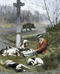 Jägaren och hans sömniga hundar - gravyr av Gaston Gelebert
