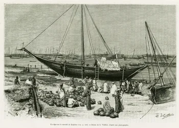 En tepe på Zanzibarmarknaden (Tanzania). Gravyr av G.Vuillier, för att illustrera berättelsen Voyage among the Benadirs, Somali and Bayouns, 1882 and 1883, by G.Revoil, in le tour du monde 1888, regisserad av Edouard Charton (1807-1890), Hachette, Paris.