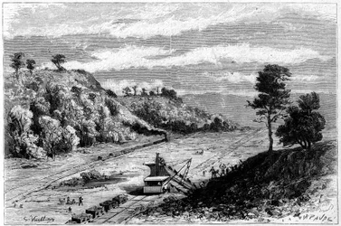 Konstruktion av Panamakanalen - genomborrning av Panamanäset: allmän bild av grävmaskinsplatsen för Monkey Hill (Monkey-Hill). Gravyr av Vuillier i ""Le Monde Illustre"" nr 1309 av den 29 april 1882.