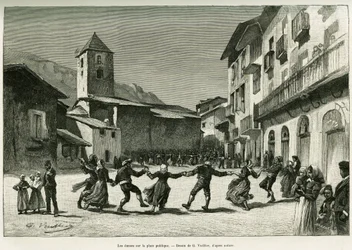Danser på torget. Gravyr av G.Vuillier, för att illustrera berättelsen Le val d