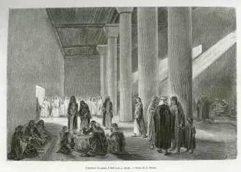 Inne i Emir Muhammad Ibn Abdullah Al Rashids (1872-1897) palats i Hail, Saudiarabien. Gravyr av G.Vuillier, för att illustrera berättelsen "" pelerinage au Nedjed, den arabiska rasens vagga"", av Lady Anna Blunt, 1878-1879, publicerad i Tour du mo