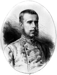 Porträtt av ärkehertig Rodolf av Österrike (1858-1889). Gravyr av G. Vuillier i "" Le Monde Illustré"" nr 1260 av 21 maj 1881.