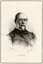 Porträtt av Emile Templier (1821-1891), medarbetare till Louis Hachette (1800-1864), ansvarig för tillverkningen av "Tour du monde". Gravyr av G.Vuillier, för att illustrera berättelsen "Från Paris till Tonkin, genom det okända Tibet"" av Gabriel Bonvalo