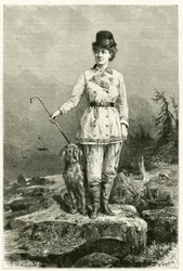 Porträtt av Madame Marie De Ujfalvy-Bourdon, i reseklänning, med sin hund, gift med etnologen lingvist och upptäcktsresande Charles Eugene Ujfalvy (1842-1904), hon följde med honom på alla hans expeditioner. Gravyr av G.Vuillier, efter naturen för att illu