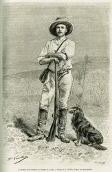 Porträtt av resenärförfattaren Carl Lumholtz. Gravyr av G.Vuillier, för att illustrera historien Chez les cannibales, resa i nordöstra Australien