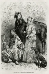 Porträtt av Mr. Wilfrid Blunt (1840-1922), poet och författare, och hans fru, Lady Anna Blunt (nee King Noel (King Noel) 1837-1917), den första europeiska kvinnan att utforska Mellanöstern, iklädd resedräkt , framför en av arabhästarna i deras stall