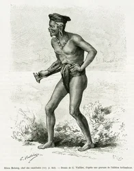 Sibou Mobang, chef för kannibaler. Gravyr av G.Vuillier, för att illustrera berättelsen De Koutei a Bandjirmasin, resa genom Borneo, av Carl Bock, i le tour du monde 1890, regisserad av Edouard Charton (1807-1890), Hachette, Paris.